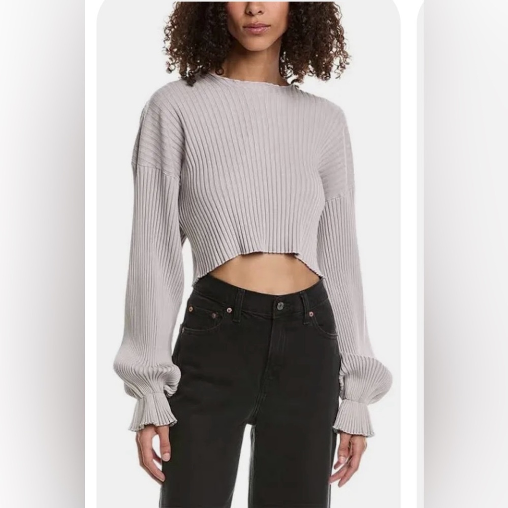 John Elliott Ginza Ribbed Crop Top, Size Large, Color Feather (Cream/Ivory)